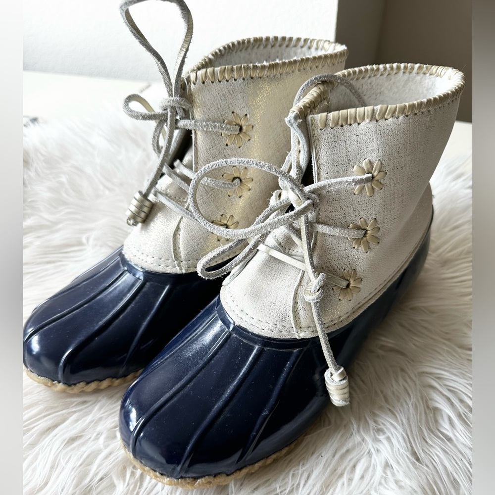 Jack Rogers Chloe Rain Duck Boots 9 Navy Blue Gold Sparkle Womens Shoes Galoshes